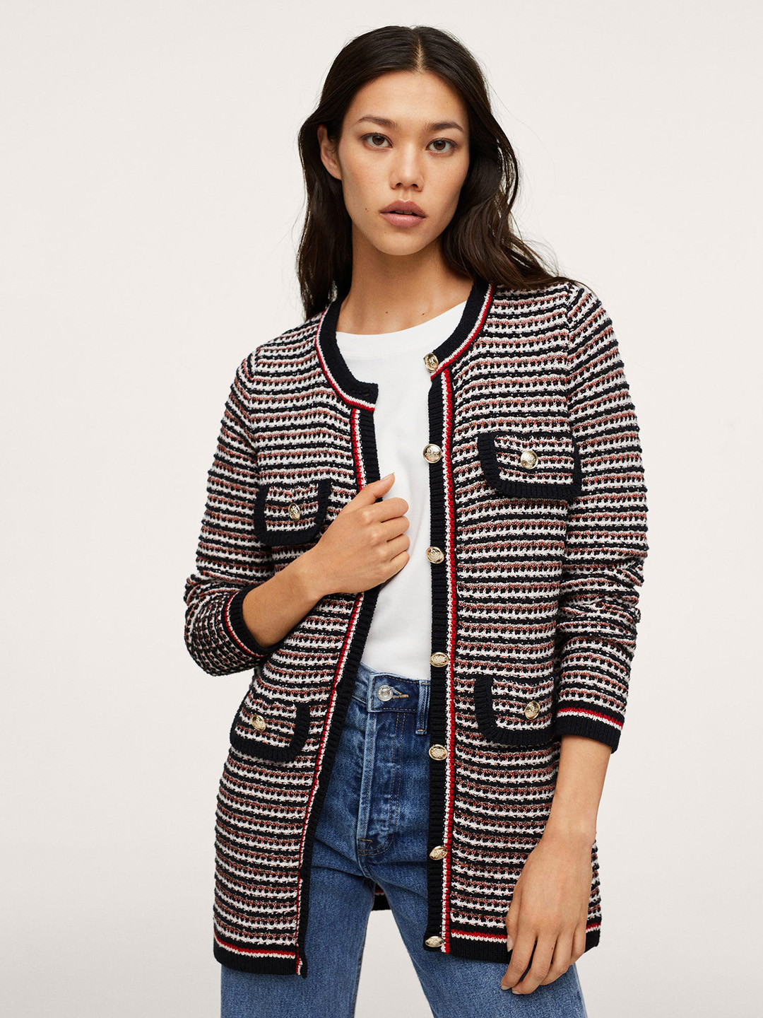 

MANGO Women Black & Off White Striped Longline Cardigan