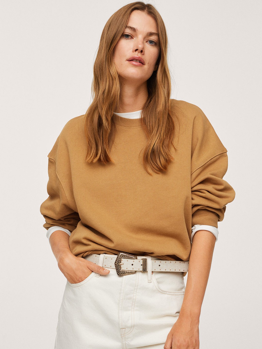 

MANGO Women Beige Solid Pure Cotton Sweatshirt