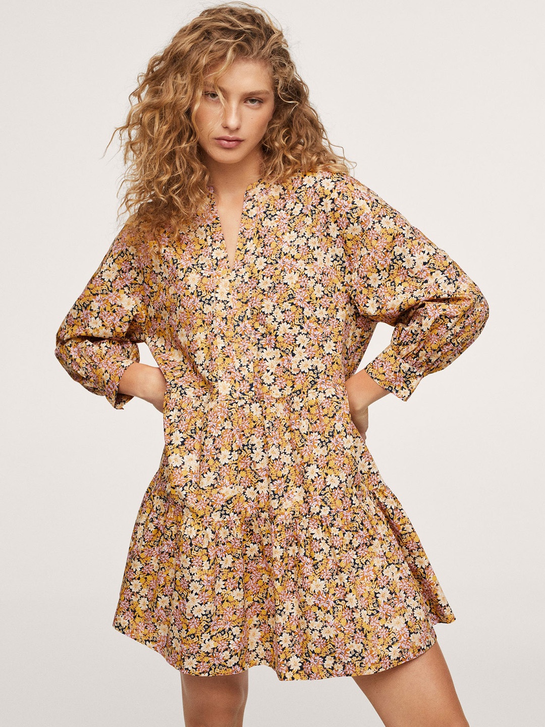 

MANGO Yellow & Off White Pure Cotton Floral Print A-Line Dress