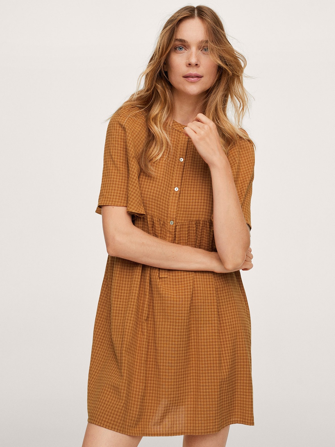 

MANGO Rust Orange Gingham Checked A-Line Dress