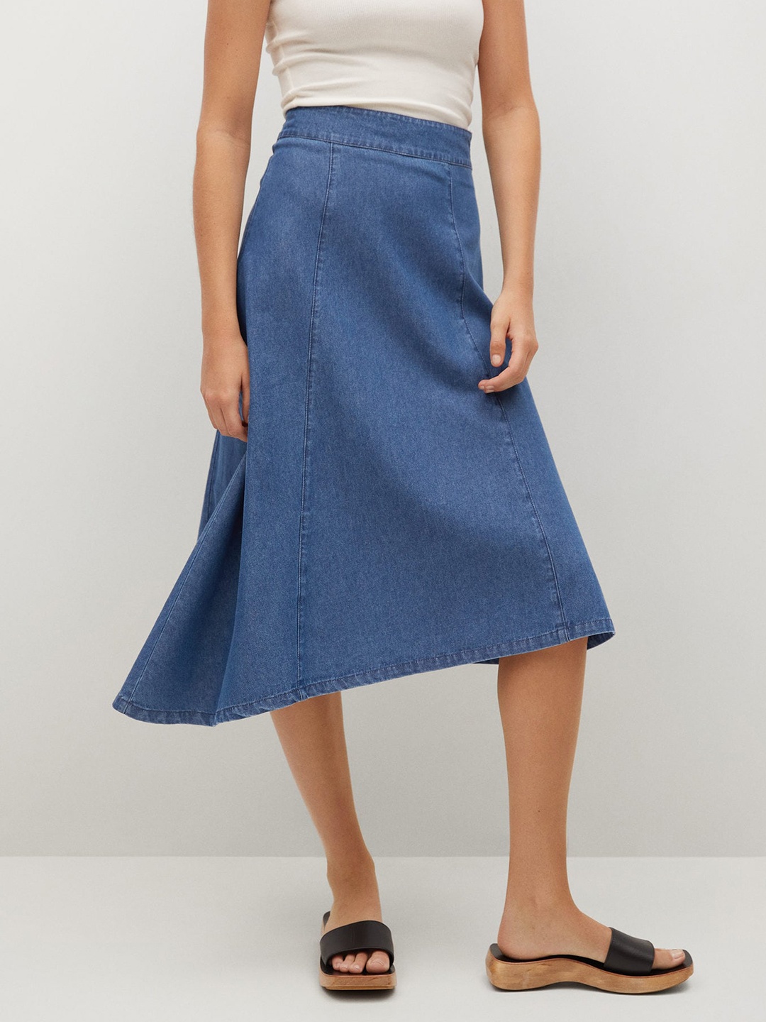 

MANGO Women Blue Solid Pure Cotton A-line Midi Skirt