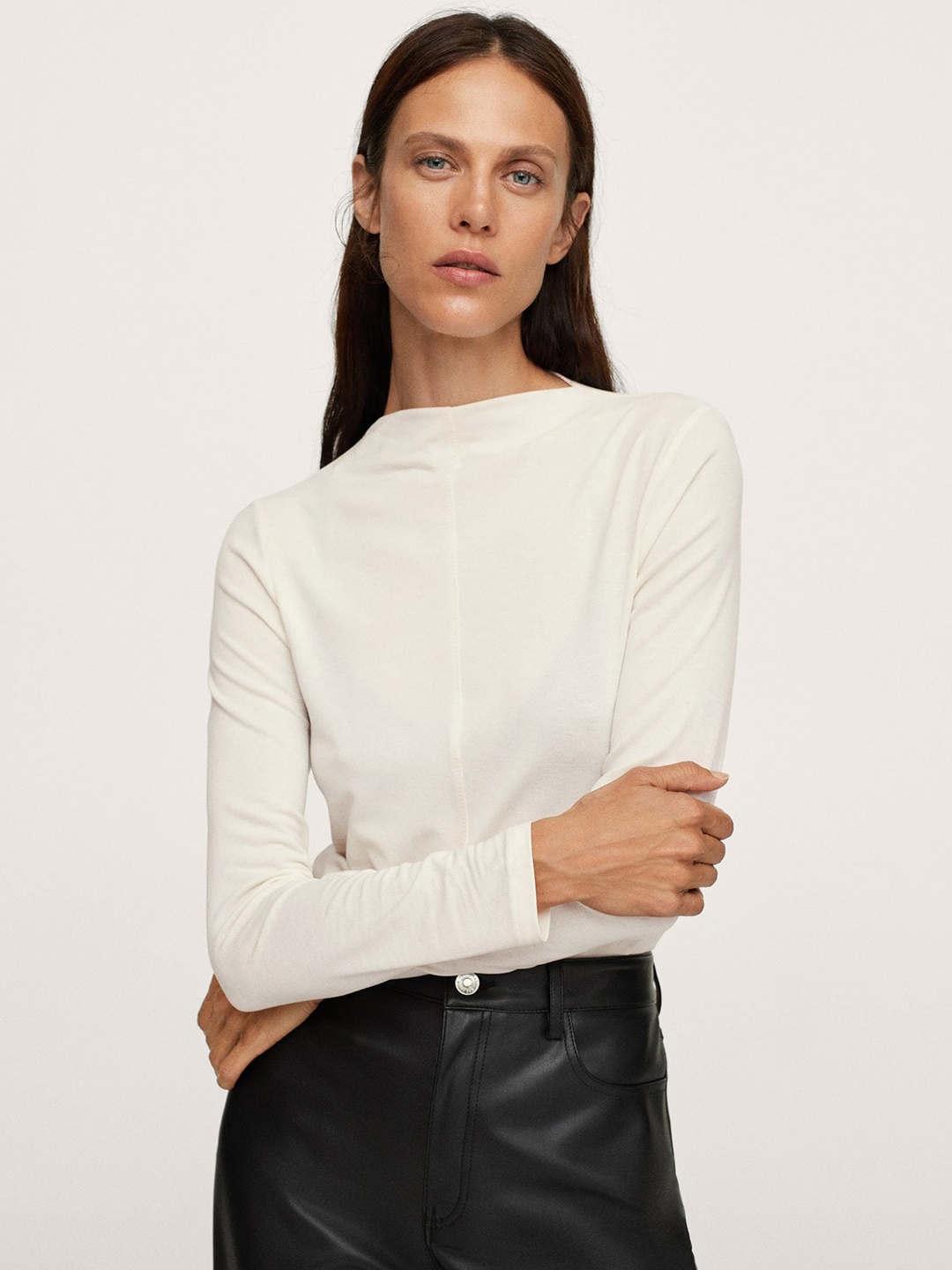 

MANGO Women Off White High Neck T-shirt
