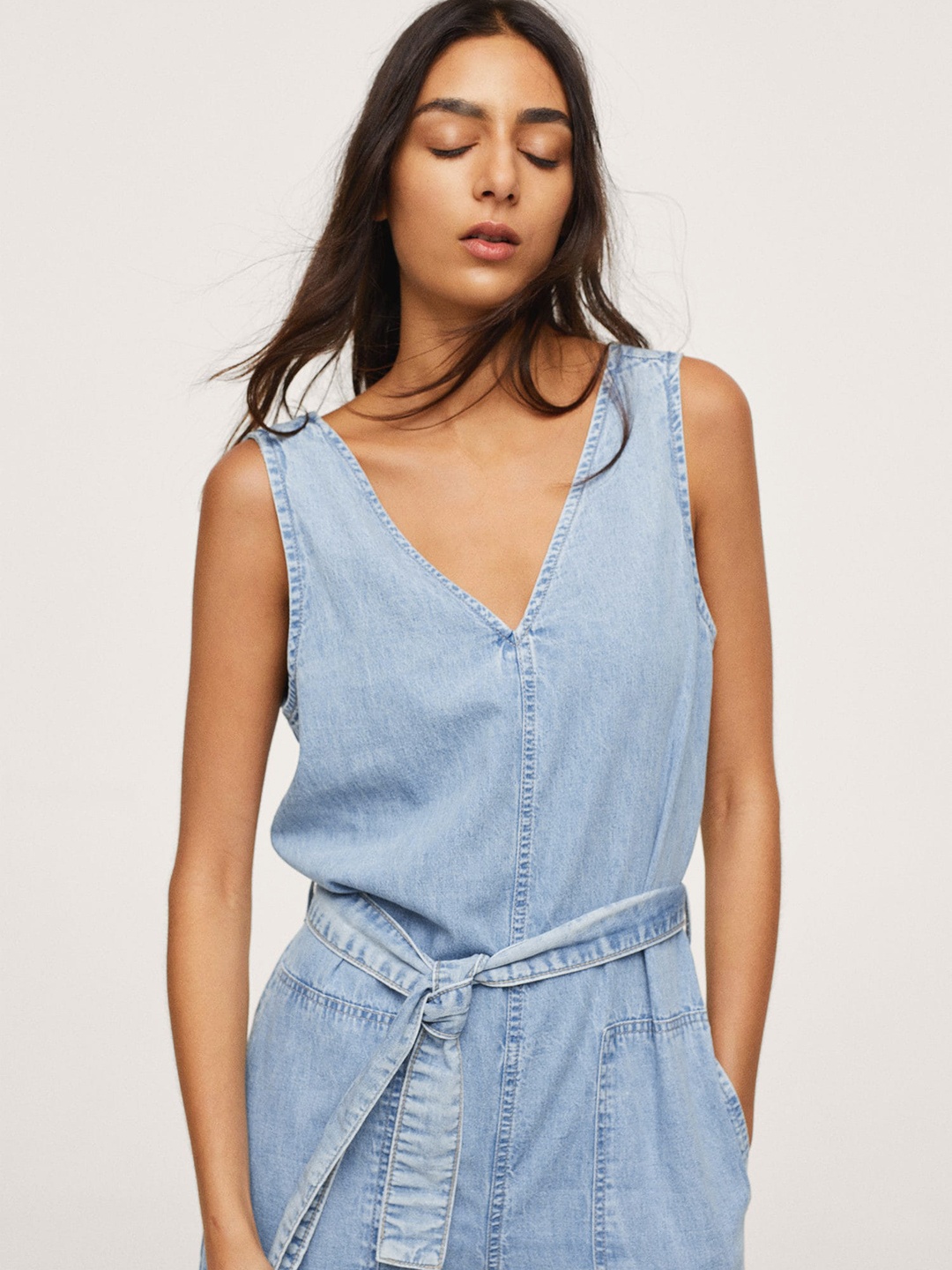 

MANGO Blue Pure Cotton Denim Jumpsuit with Belt