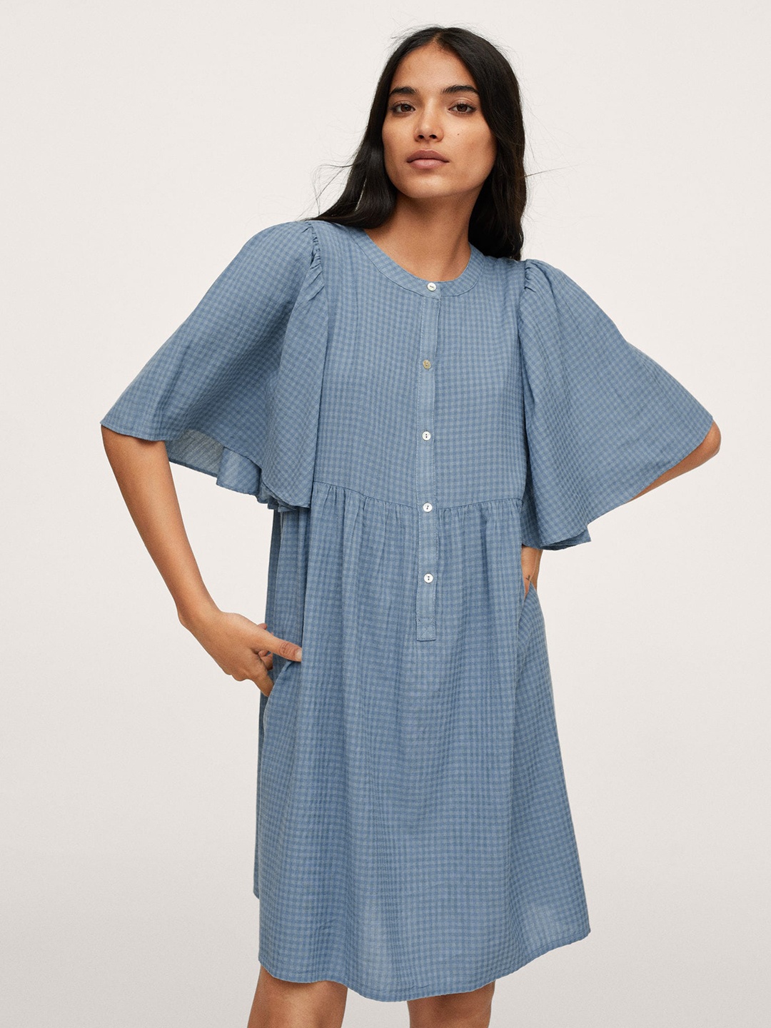

MANGO Blue & Black Checked A-Line Dress