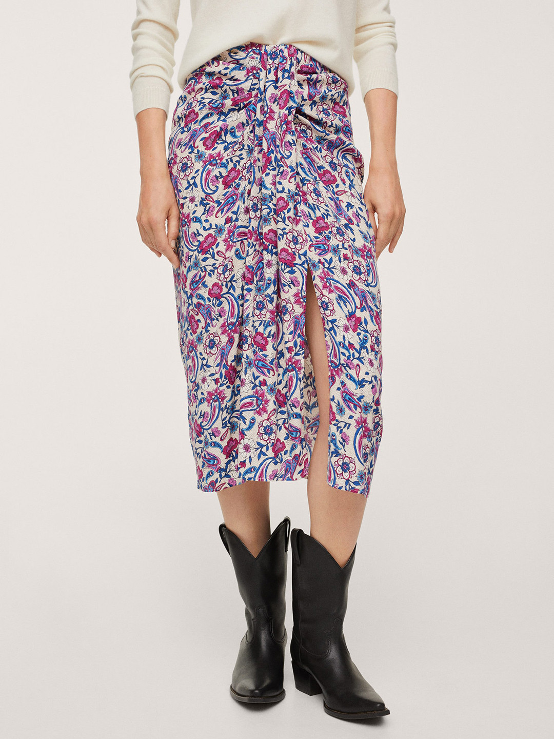 

MANGO Women Beige & Blue Printed Flared Skirt