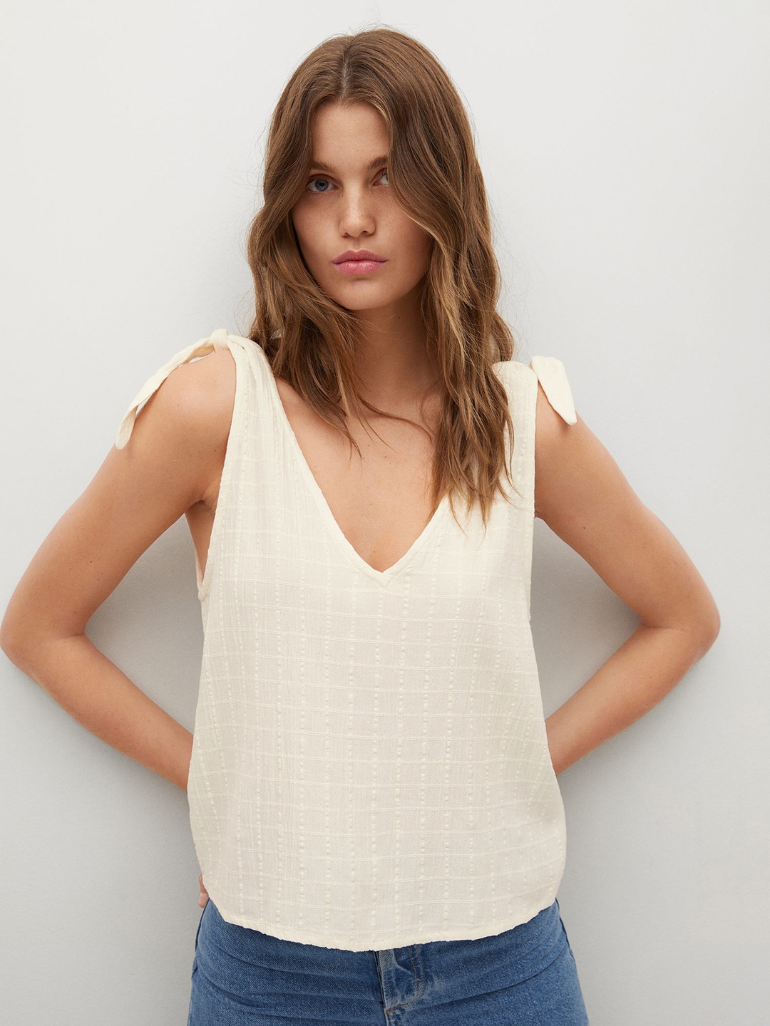 

MANGO Off White Self Checked Regular Top with Tie-up Detail