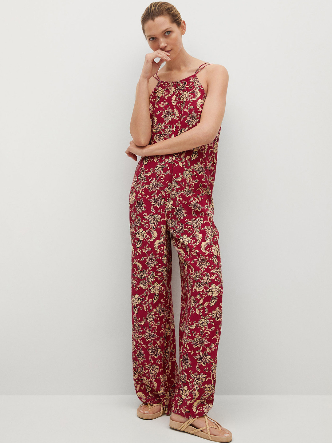 

MANGO Maroon & Beige Floral Printed Styled Back Basic Jumpsuit