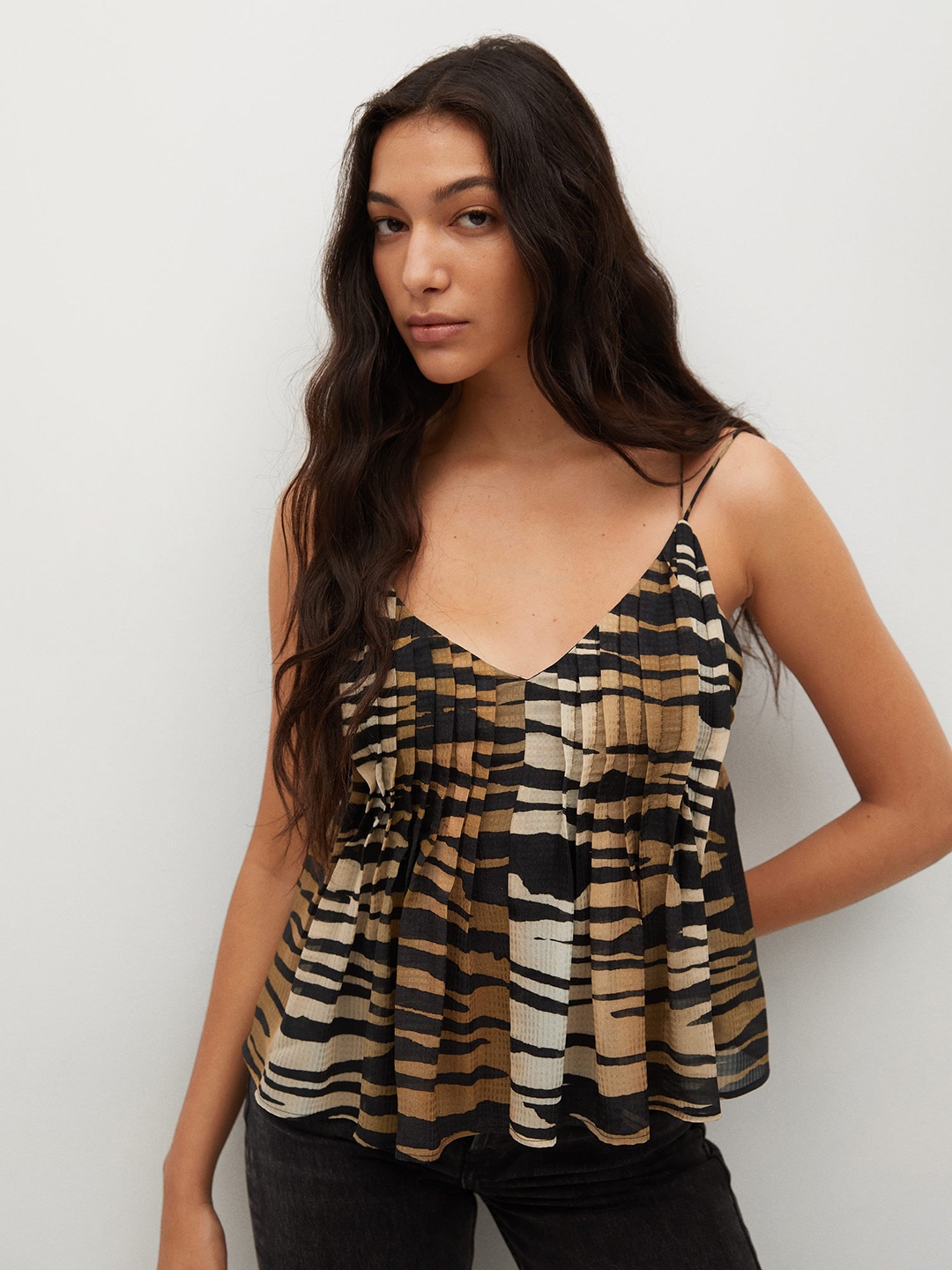 

MANGO Women Beige & Black Animal Print A-Line Top