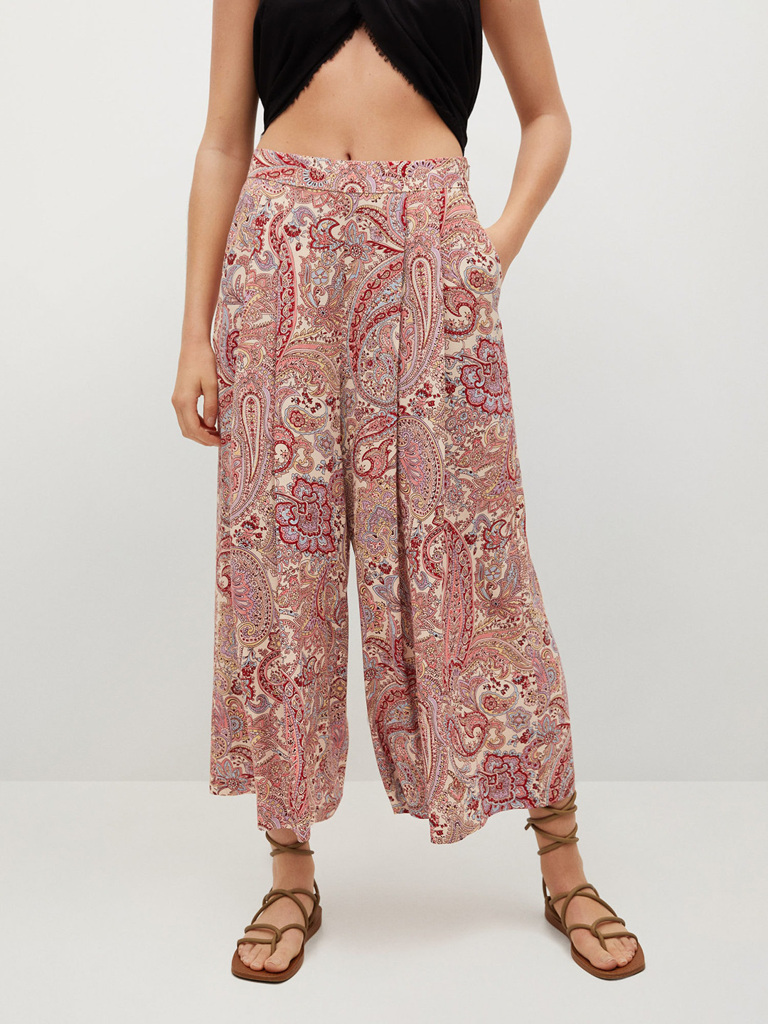 

MANGO Women Red & Pink Ethnic Motifs Printed Pleated Parallel Trousers