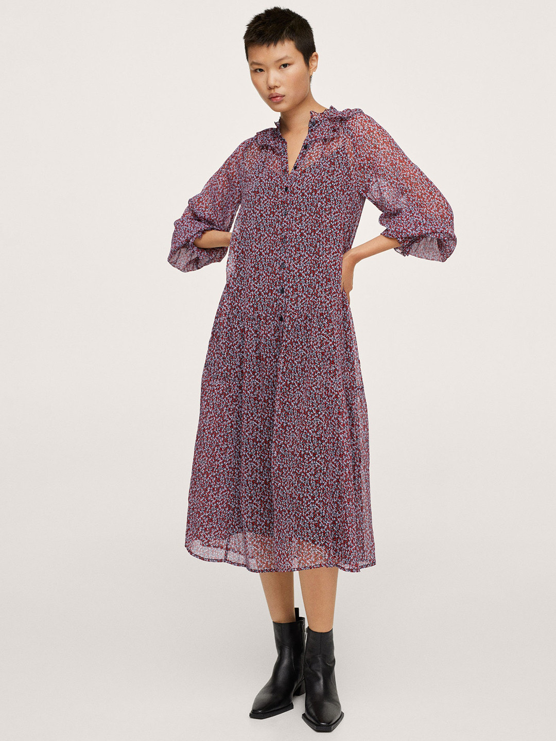 

MANGO Red & Black Floral Print Midi A-Line Dress