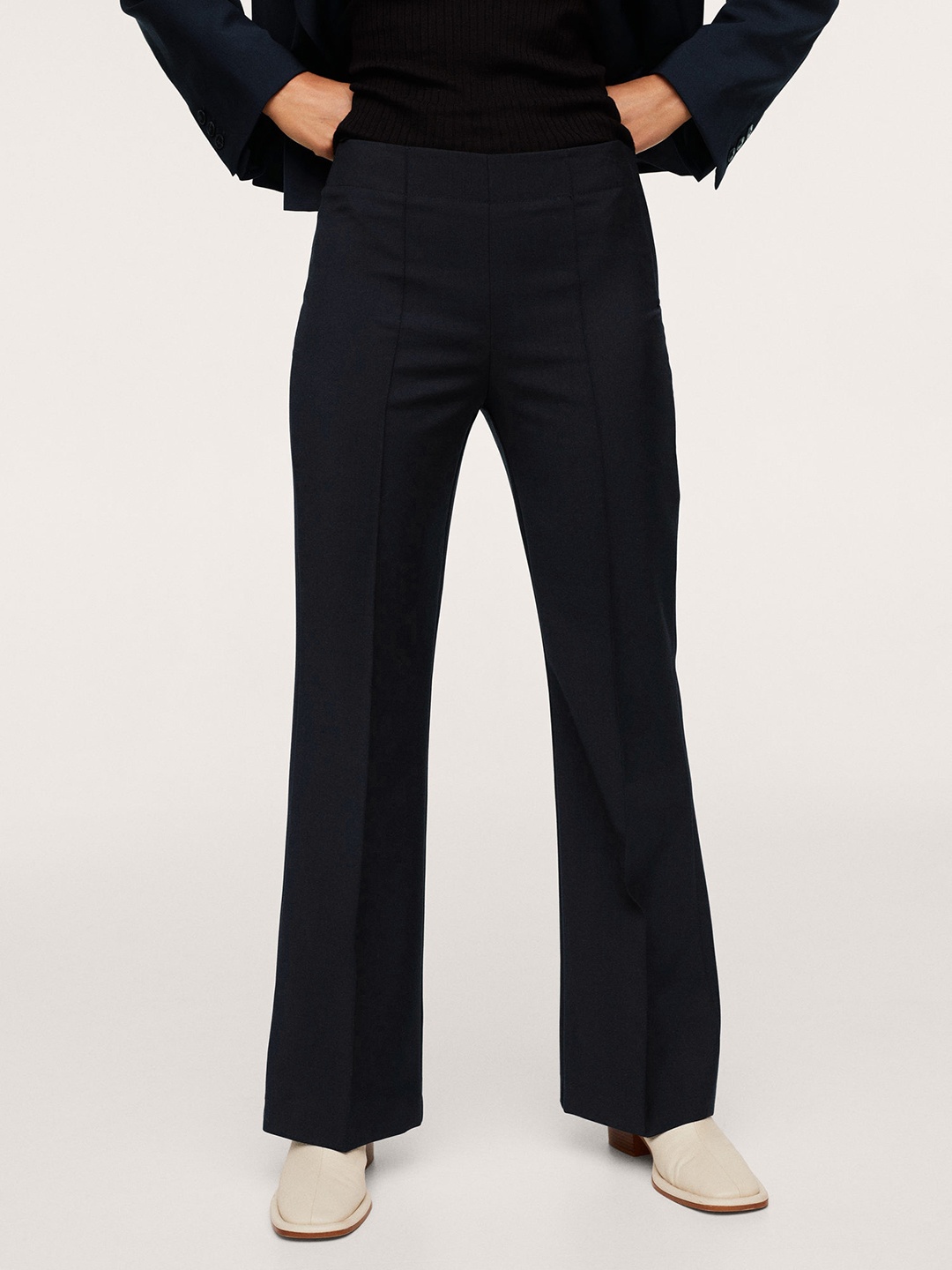 

MANGO Women Navy Blue Solid Woollen Parallel Trousers