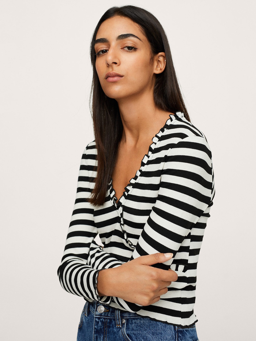 

MANGO White & Black Striped Ruffled Wrap Top