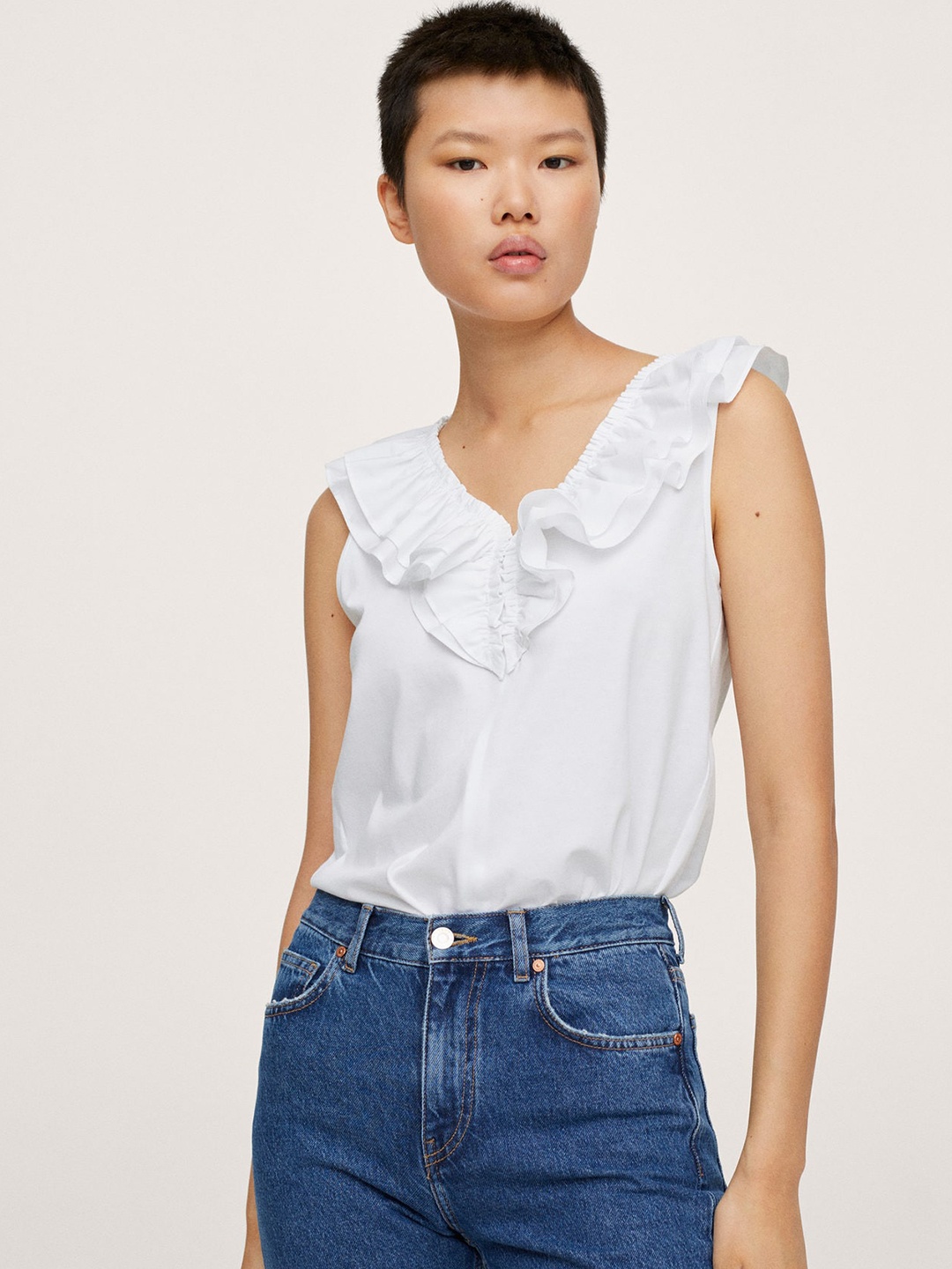 

MANGO White Pure Cotton Ruffled Solid Top