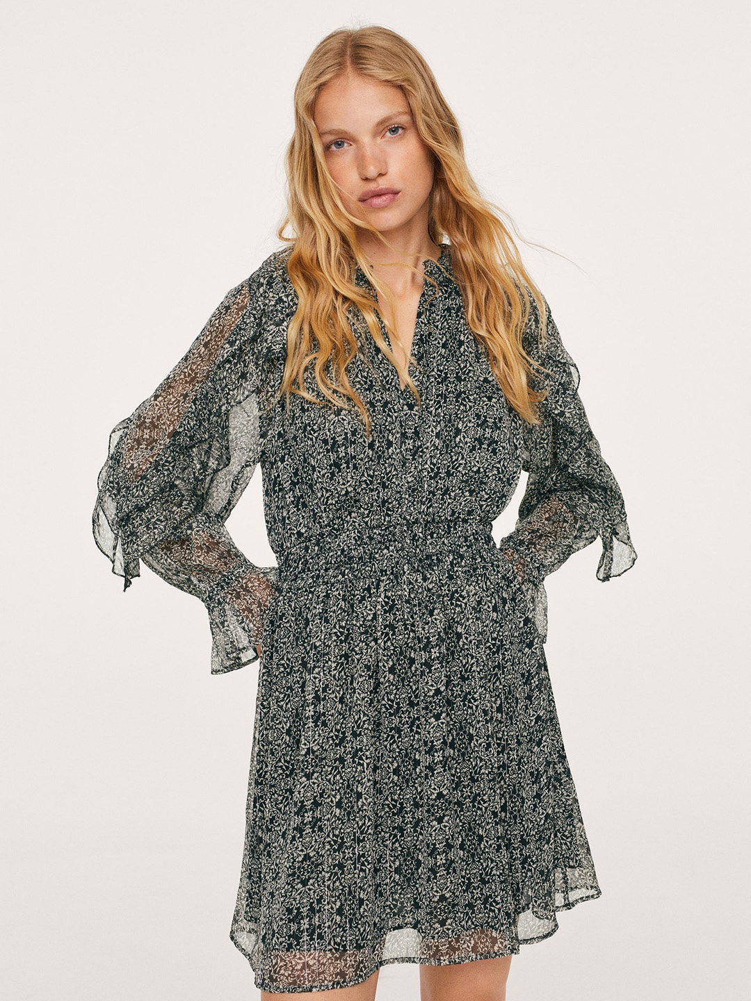 

MANGO Black & Off White Floral Print Tie-Up Neck A-Line Dress