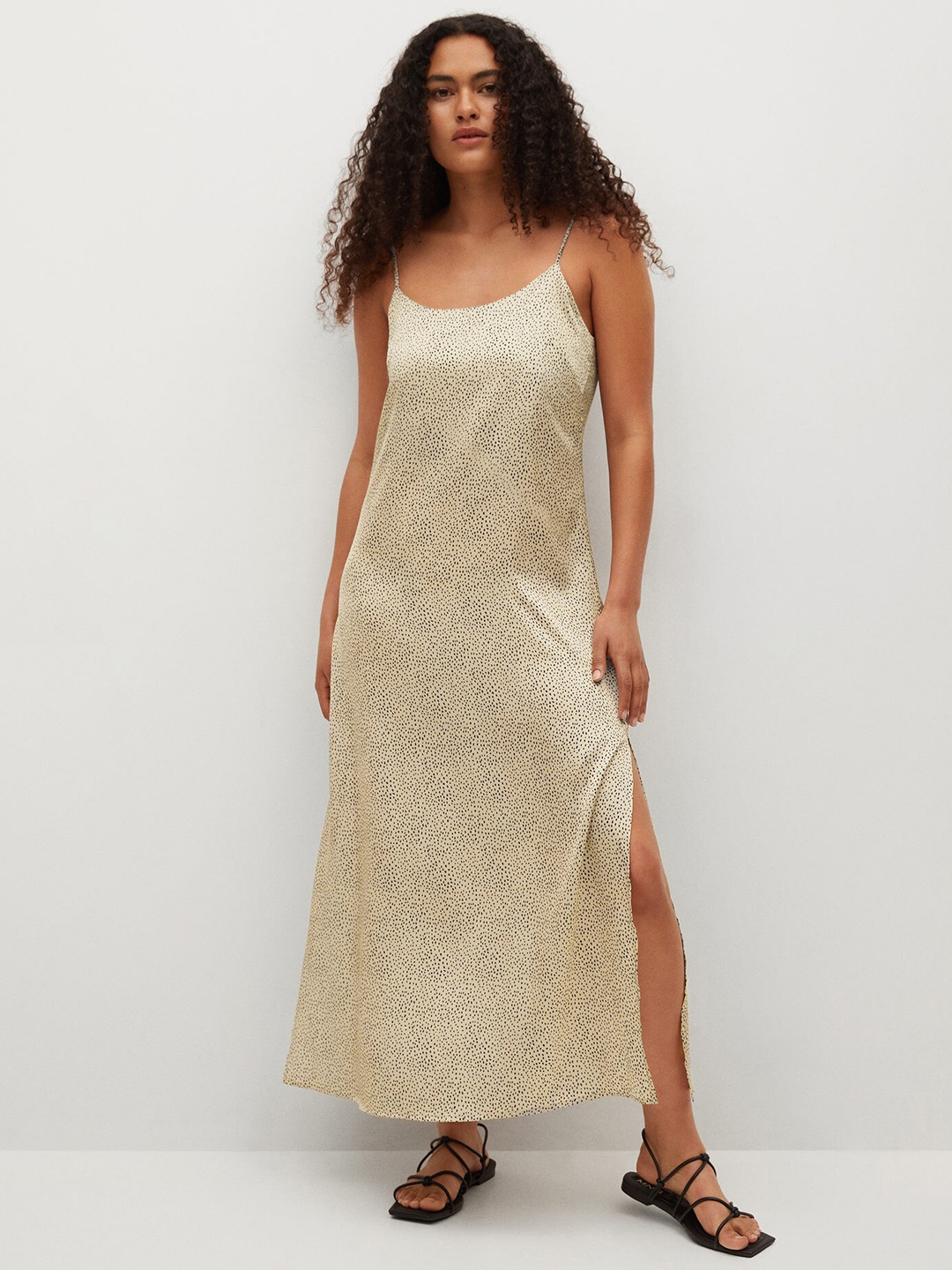 

MANGO Cream-Coloured & Black Satin A-Line Maxi Dress