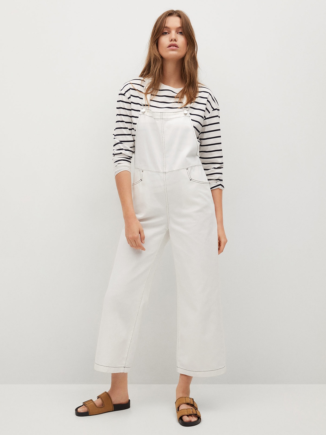 

MANGO Women White Solid Pure Cotton Denim Dungaree