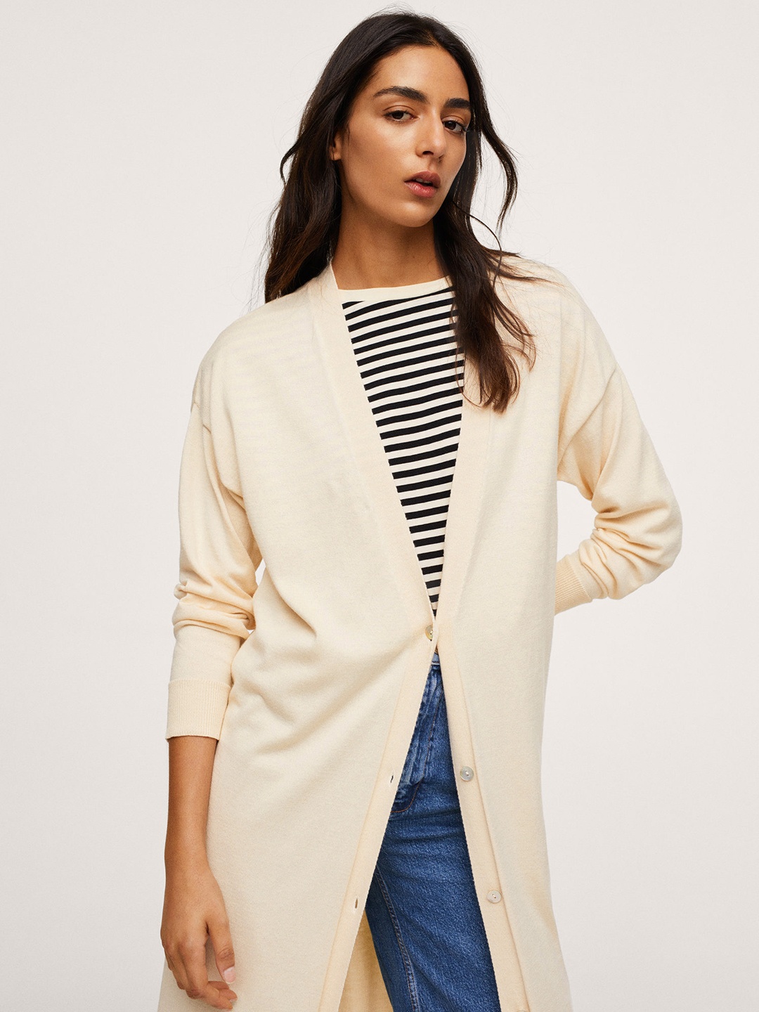 

MANGO Women Cream-Coloured Pure Cotton Solid Longline Cardigan