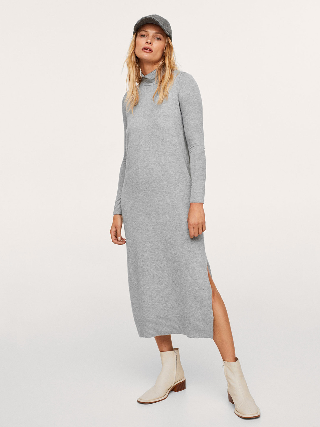 

MANGO Grey Melange Solid Knitted Midi Winter Dress