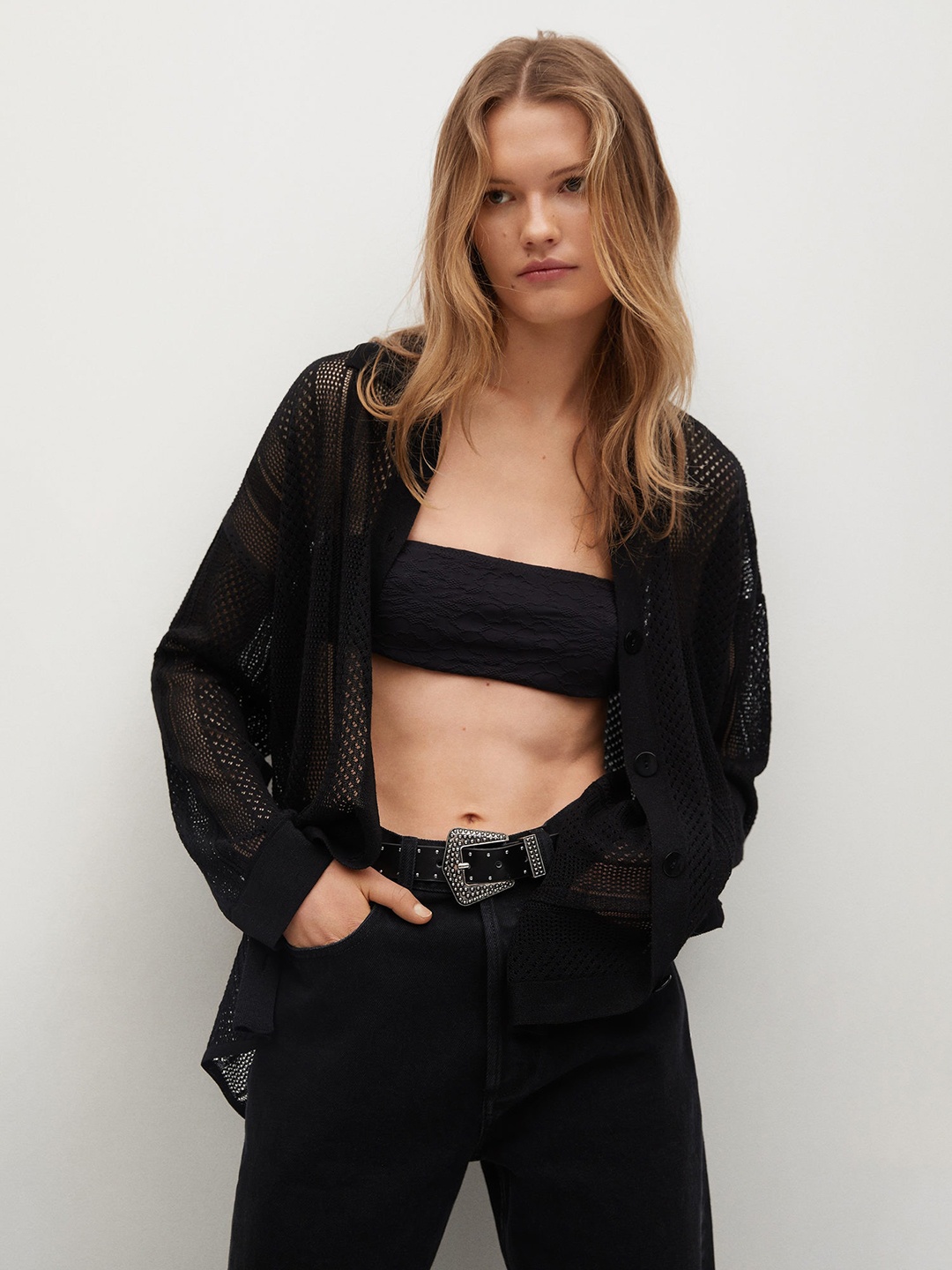 

MANGO Women Black Self Design Cardigan