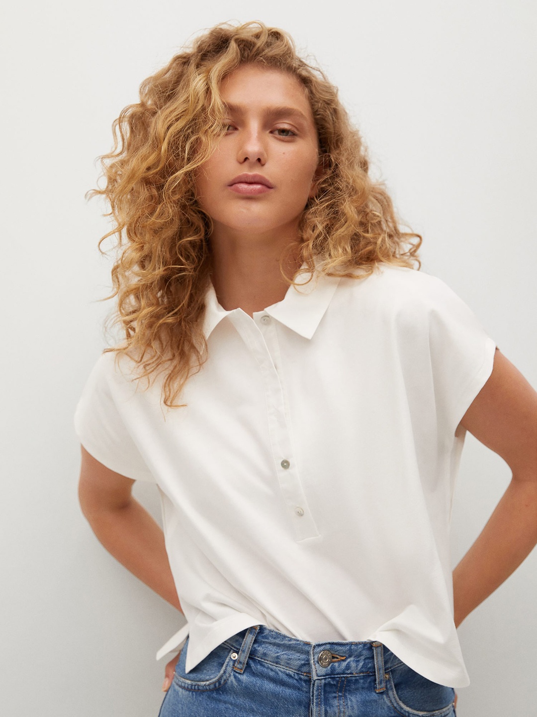 

MANGO Women White Pure Cotton Solid Extended Sleeves Polo Collar Over Sized T-shirt