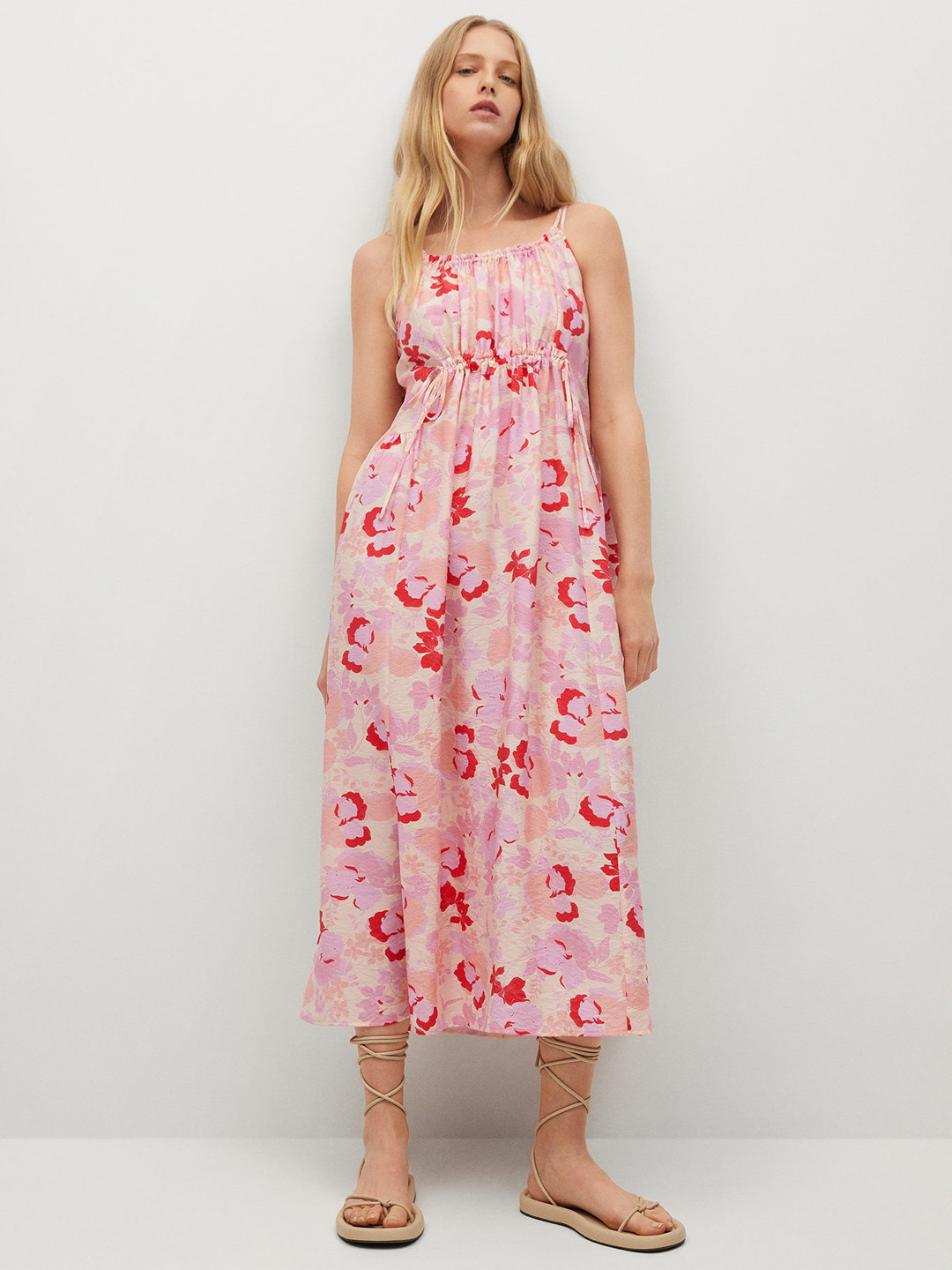 

MANGO Pink & Red Floral Printed A-Line Midi Dress