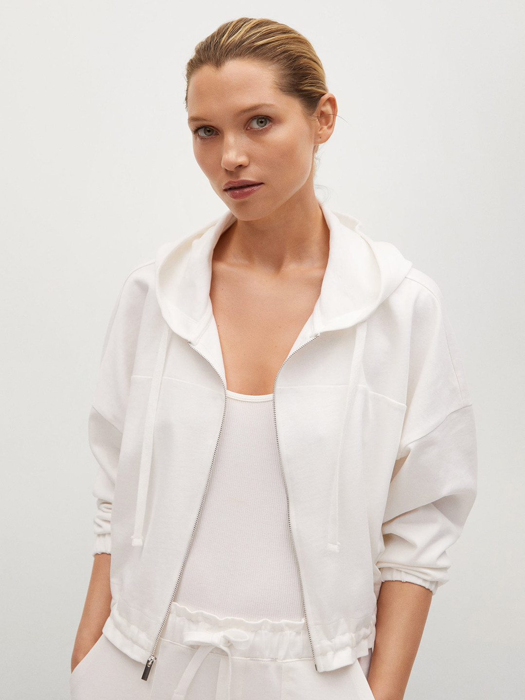 

MANGO Women White Pure Cotton Solid Hooded Sweatshirt