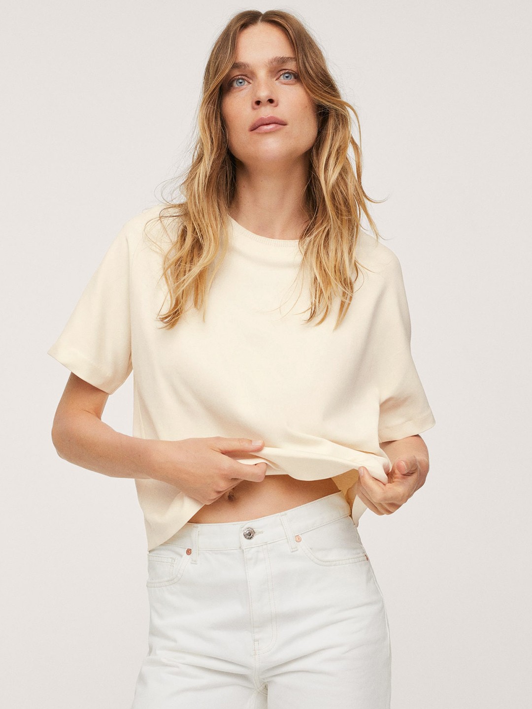 

MANGO Women Off White Solid Extended Sleeves Pure Cotton T-shirt