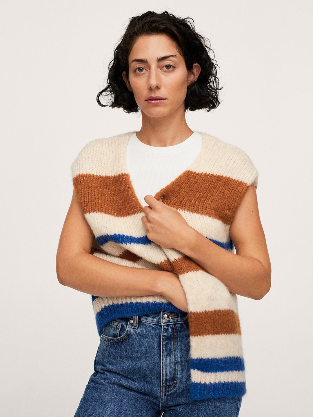 

MANGO Women Beige & Rust Brown Striped Front-Open