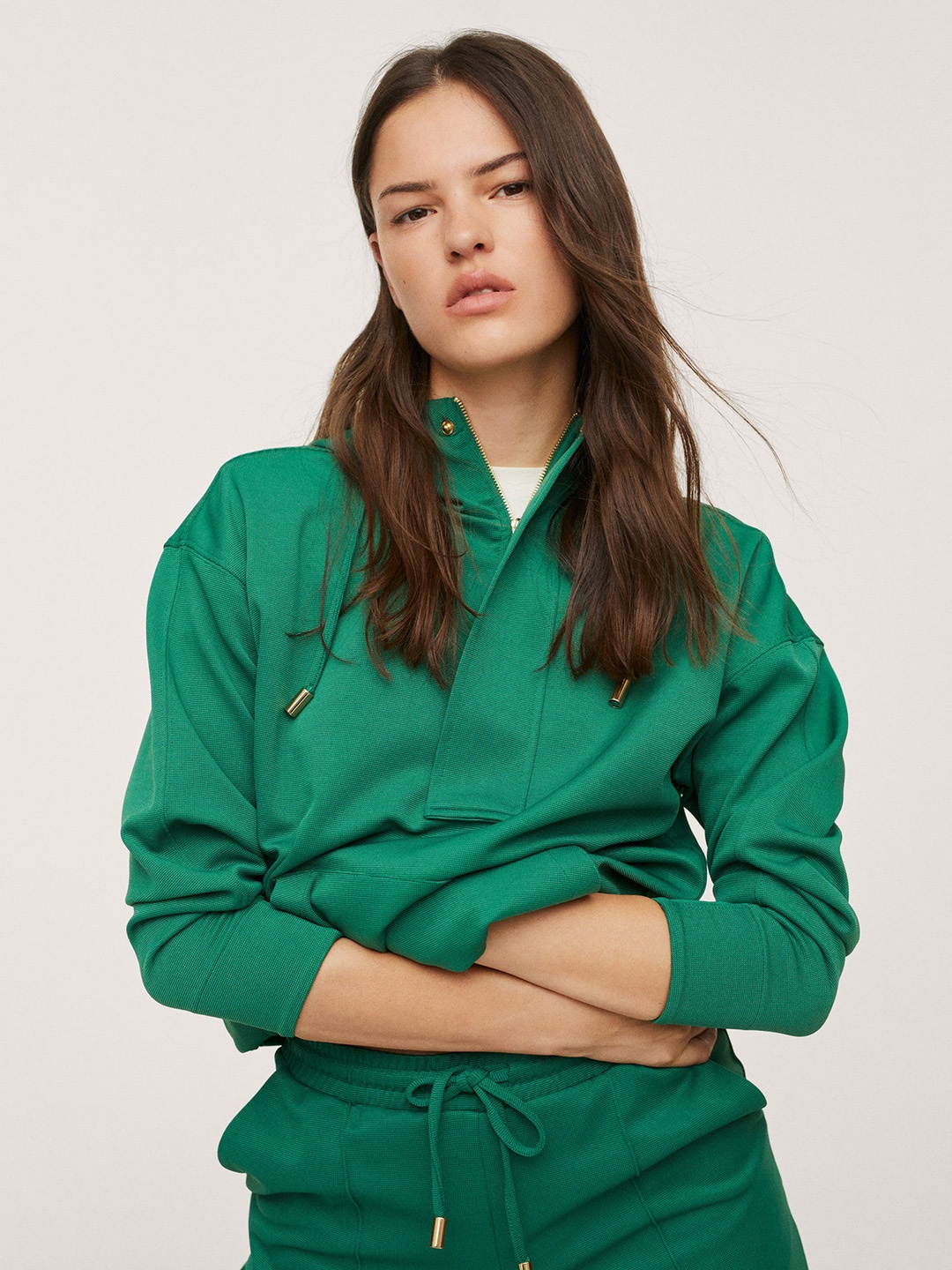 

MANGO Women Green Solid Hooded Sweatshirt