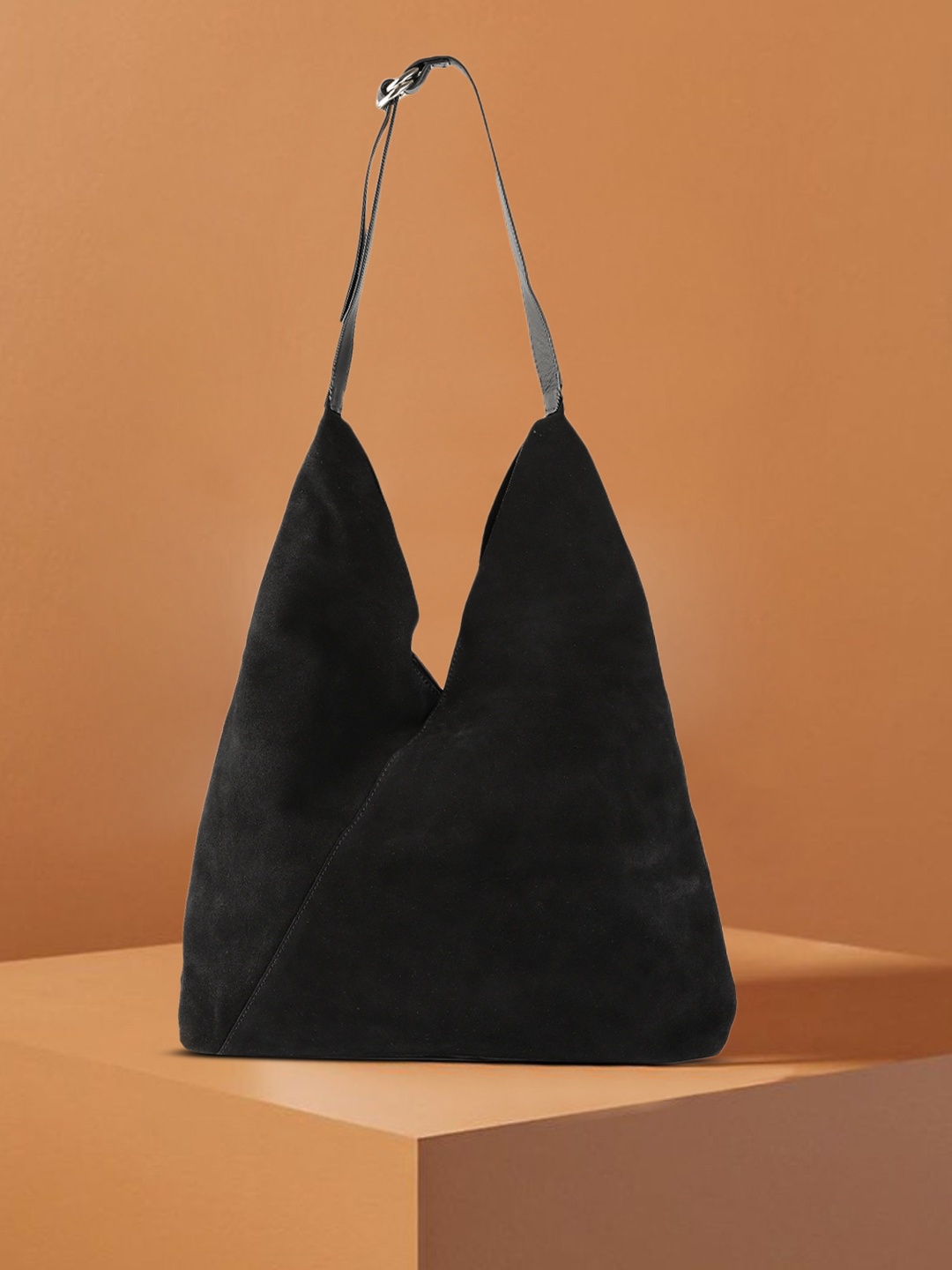 

MANGO Black Solid Leather Structured Hobo Bag