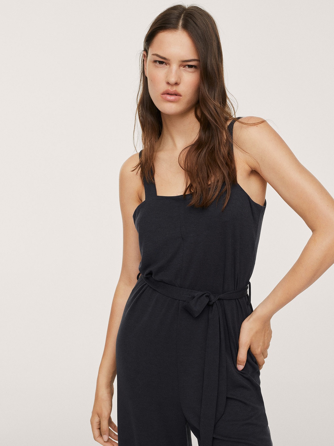

MANGO Black Solid Basic Jumpsuit with Belt