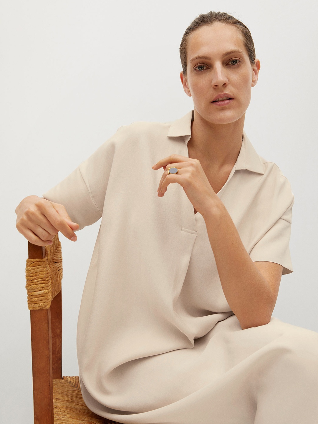 

MANGO Beige Solid A-Line Midi Dress