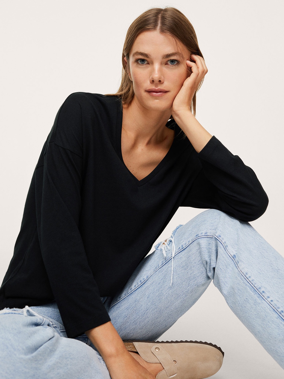 

MANGO Women Black V-Neck Pure Cotton T-shirt