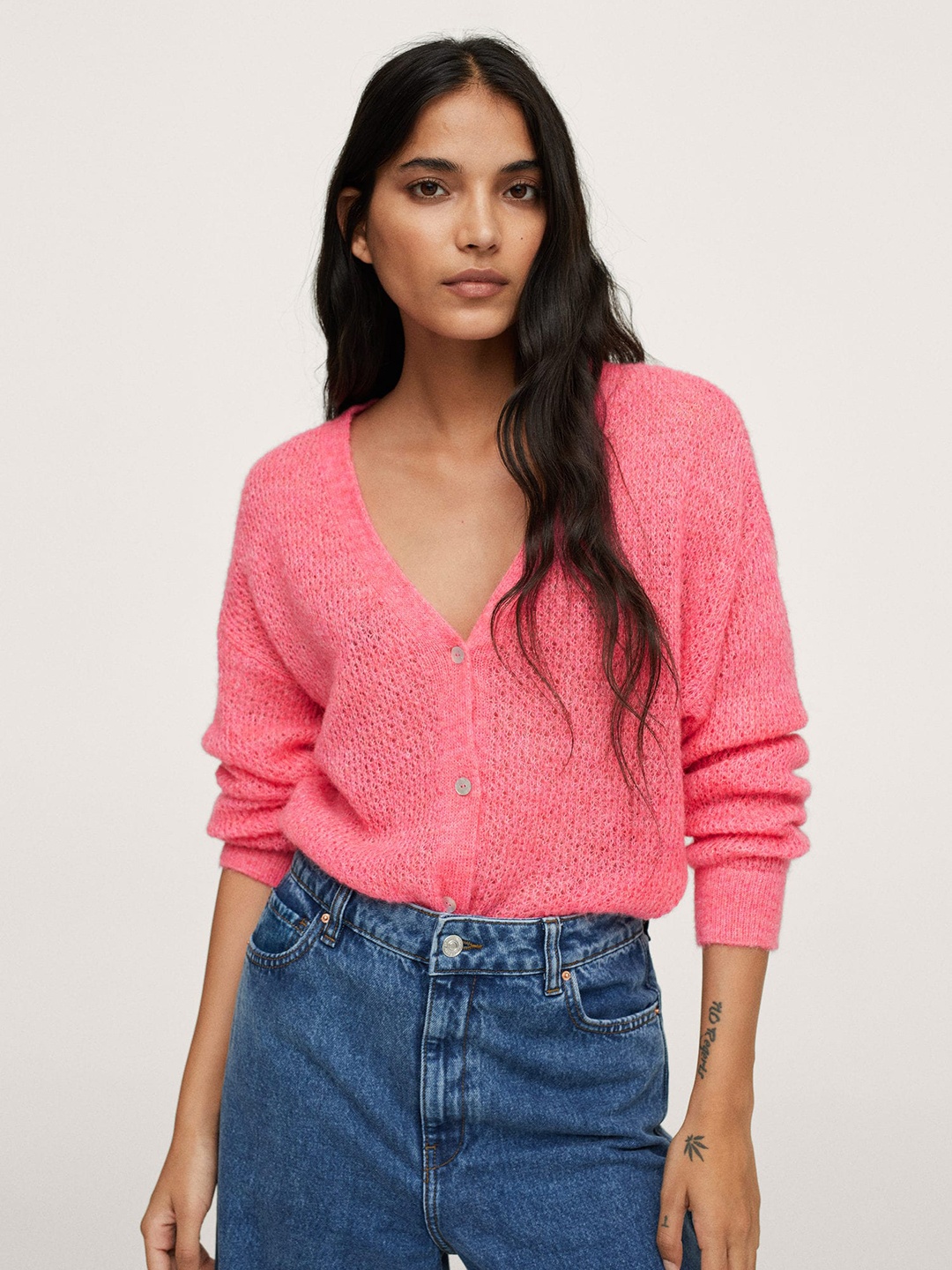 

MANGO Women Pink Open Knit Cardigan