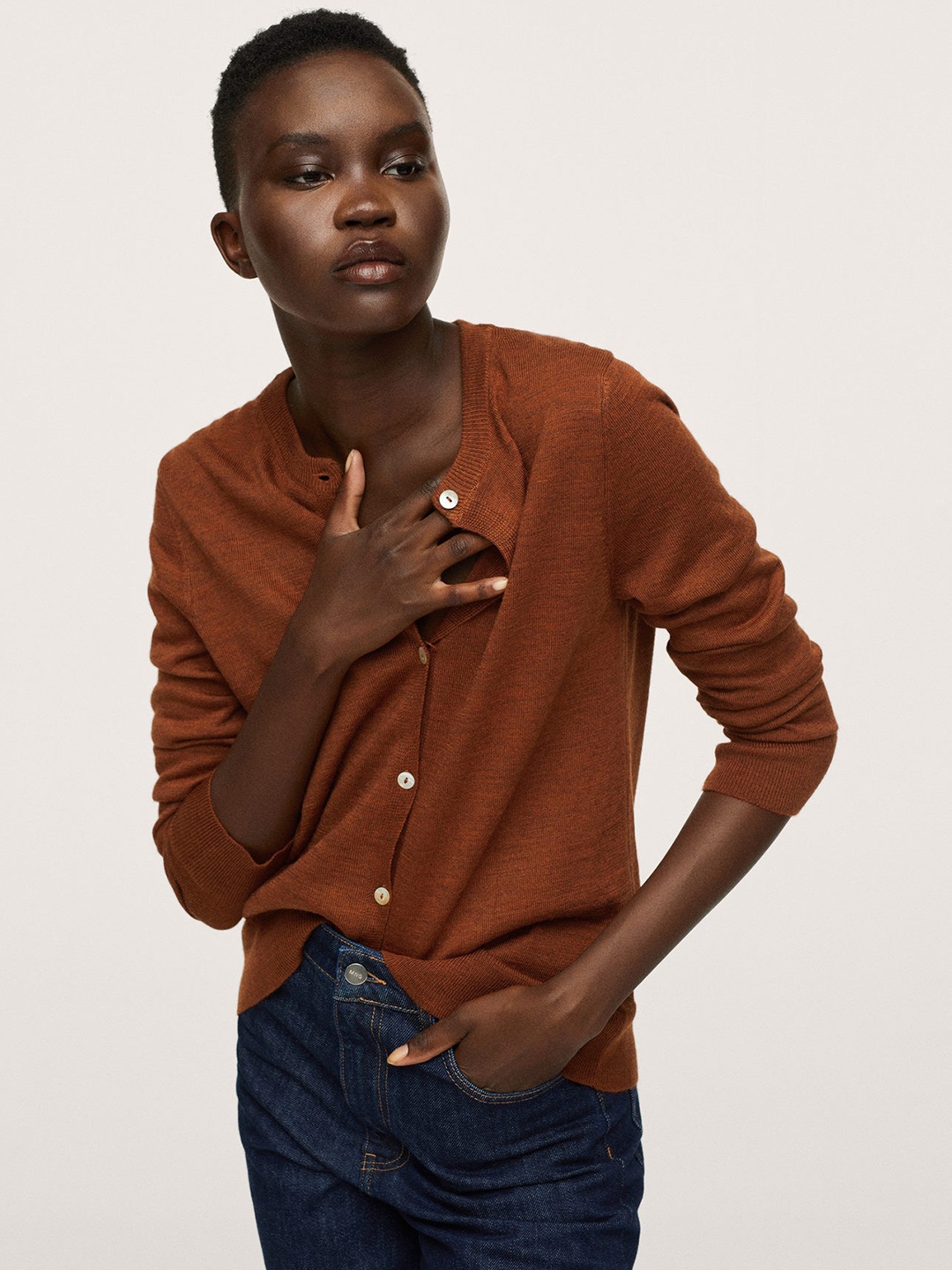 

MANGO Women Brown Solid Cardigan