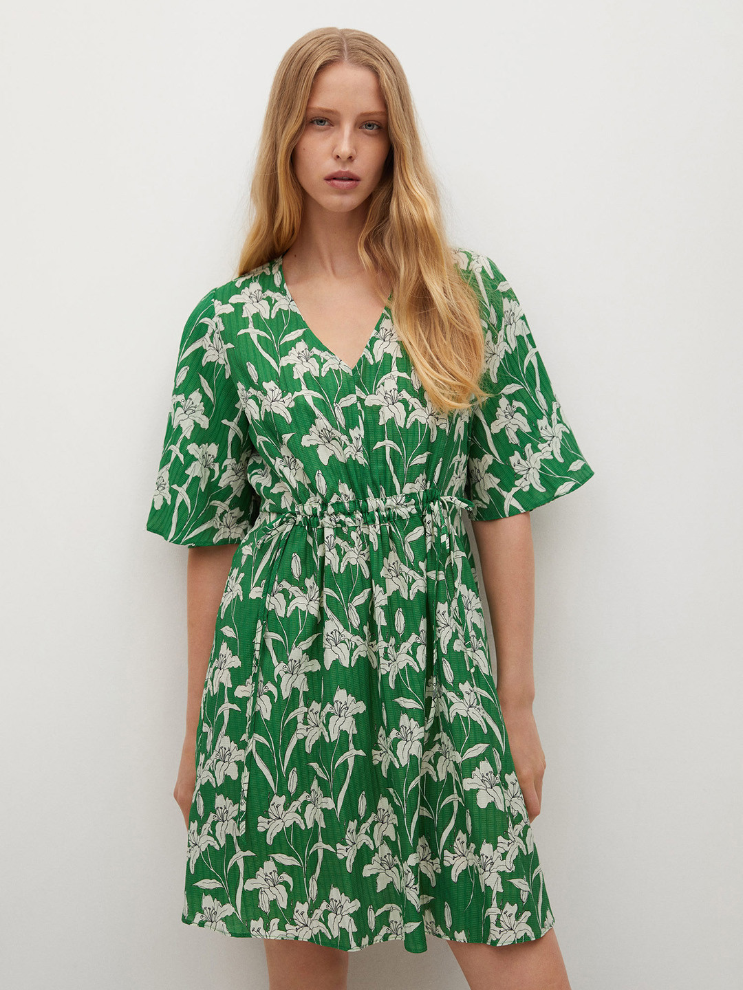 

MANGO Women Green & White Floral Print A-Line Dress