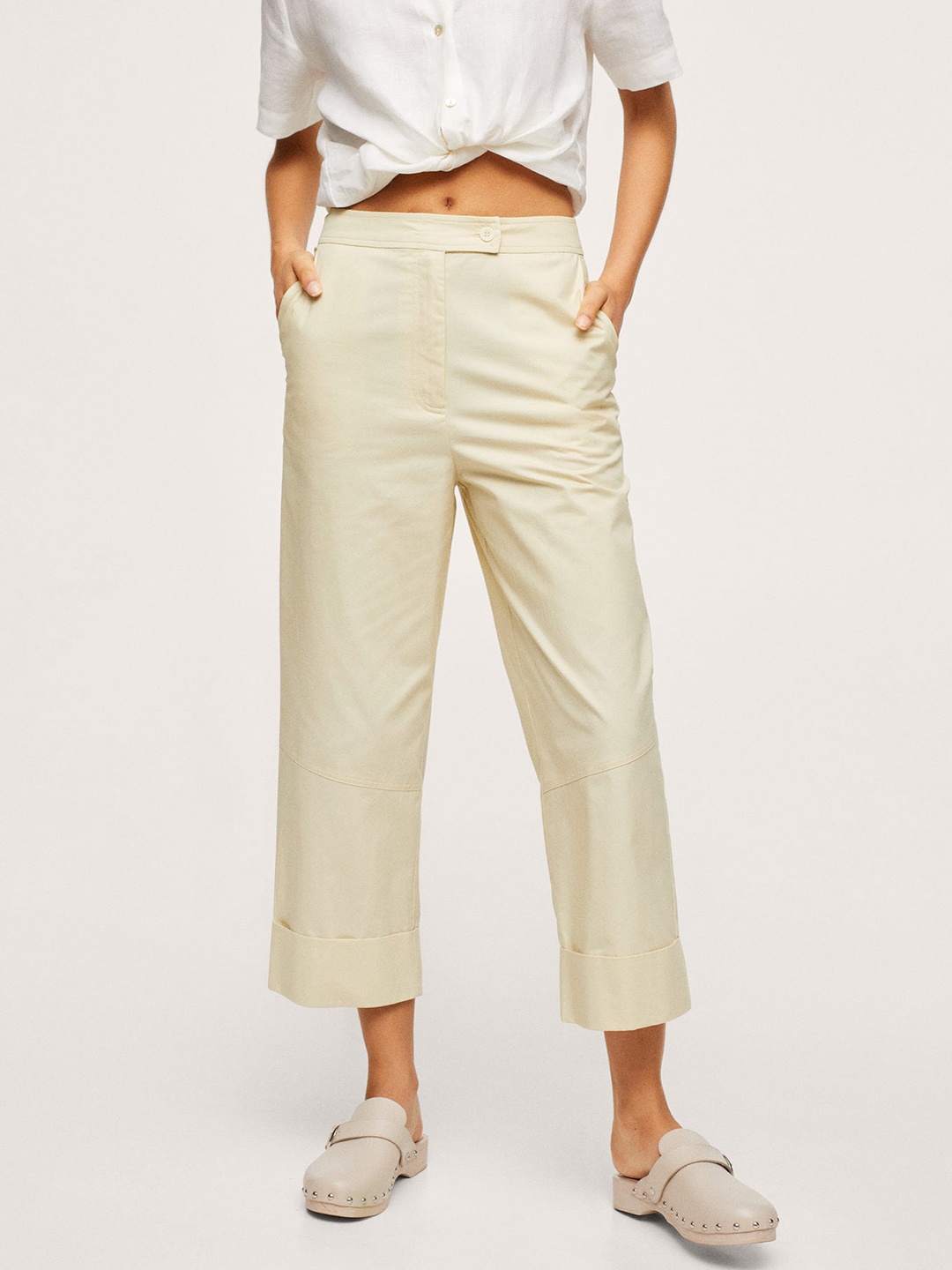 

MANGO Women Cream-Coloured Solid Cropped Pure Cotton Parallel Trousers