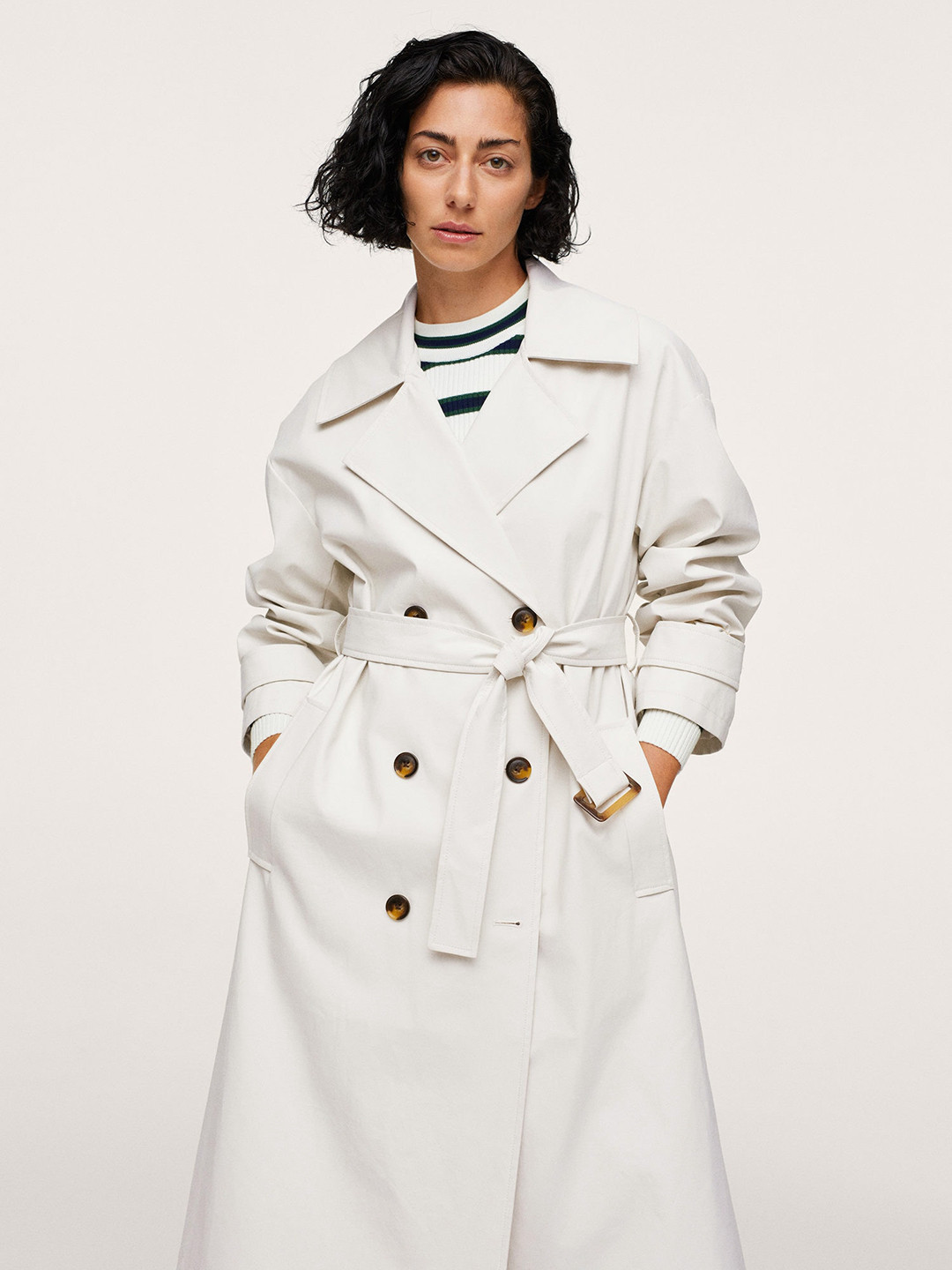 

MANGO Women Off-White Solid Long Line Trench Coat With Belt