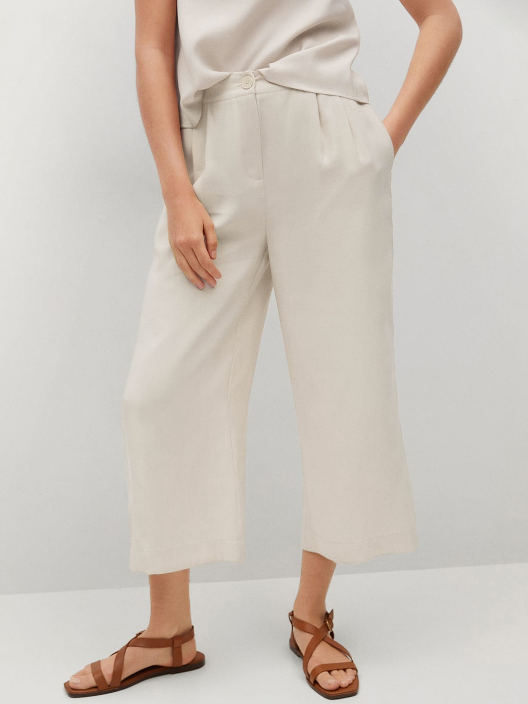 

MANGO Women Beige Solid Pleated Parallel Trousers