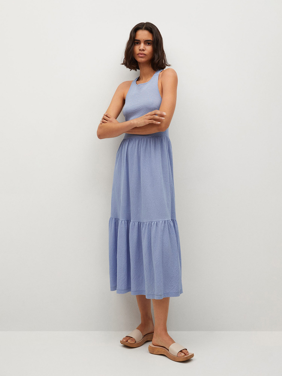 

MANGO Blue Solid A-Line Midi Dress