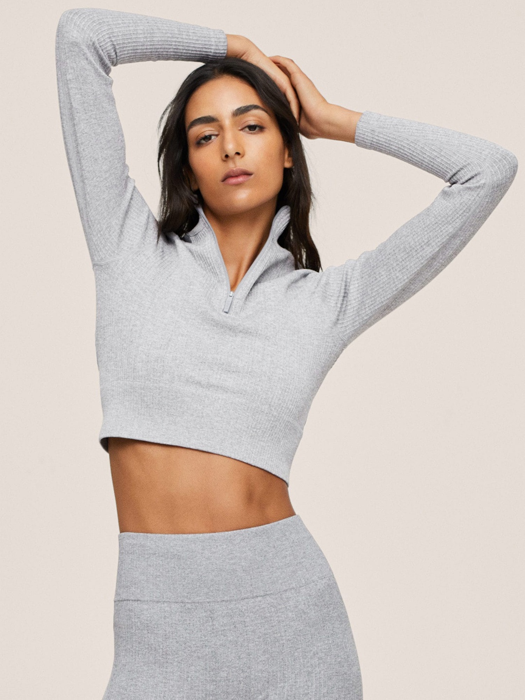 

MANGO Women Grey Melange Ribbed Crop Pullover