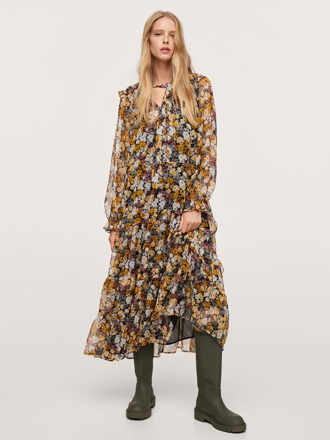 

MANGO Black & White Floral Printed Tie-Up Neck Maxi Dress
