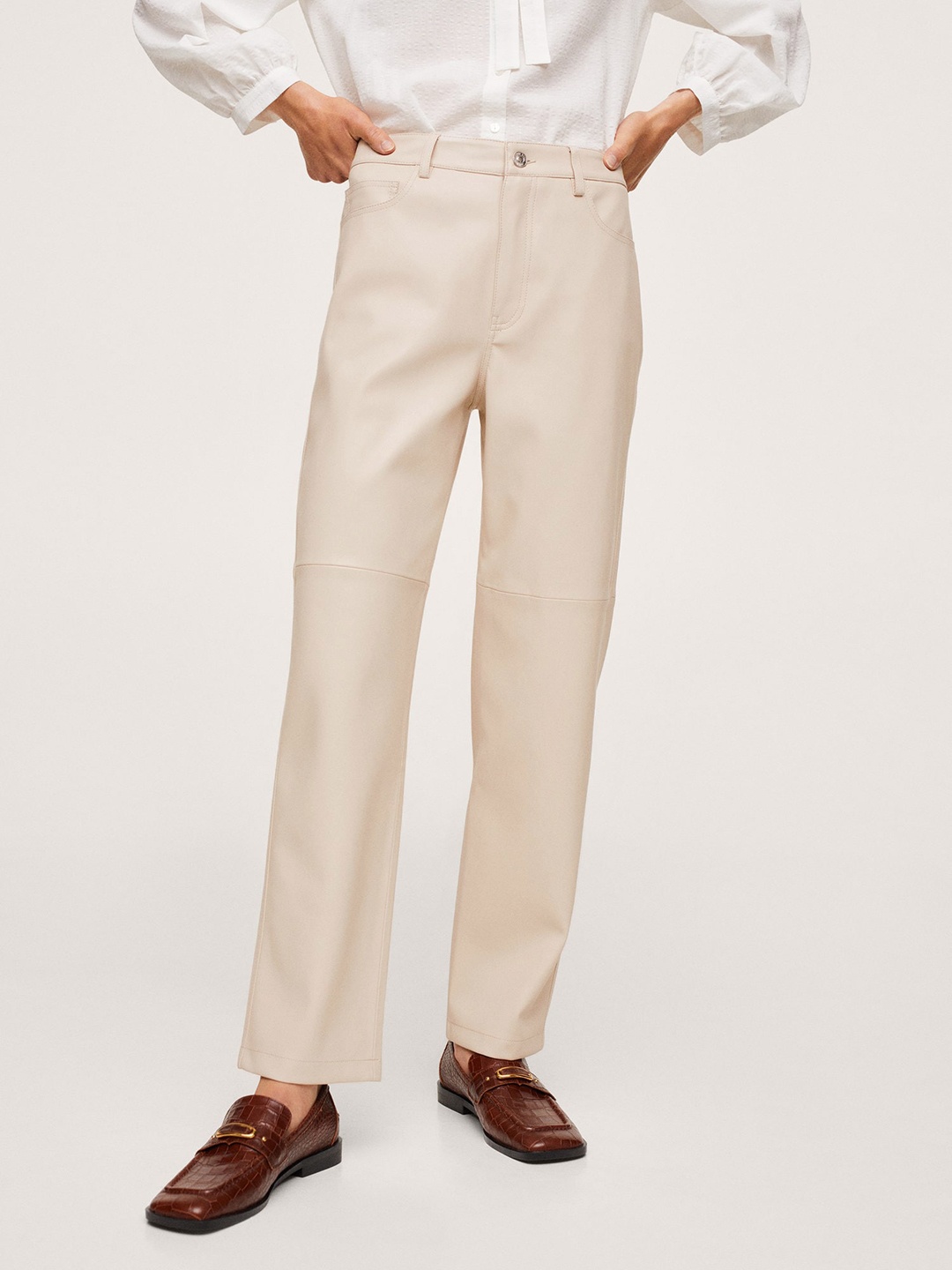 

MANGO Women Cream-Coloured Solid Straight Fit High-Rise Trousers