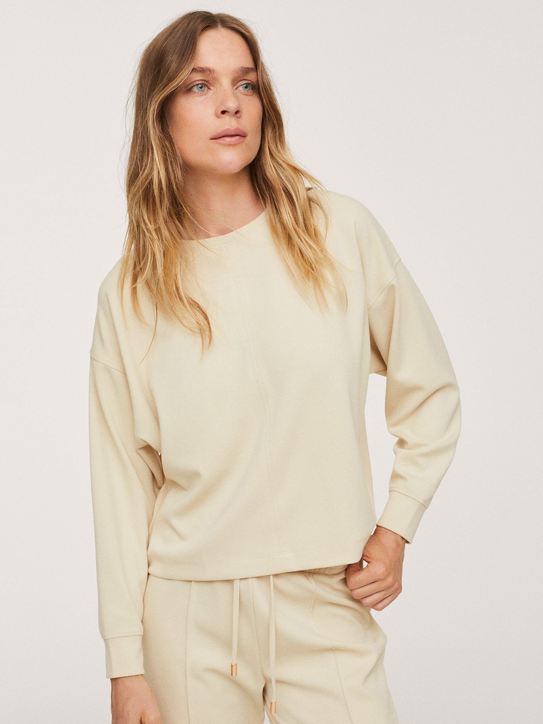 

MANGO Women Beige Solid Boxy Sweatshirt