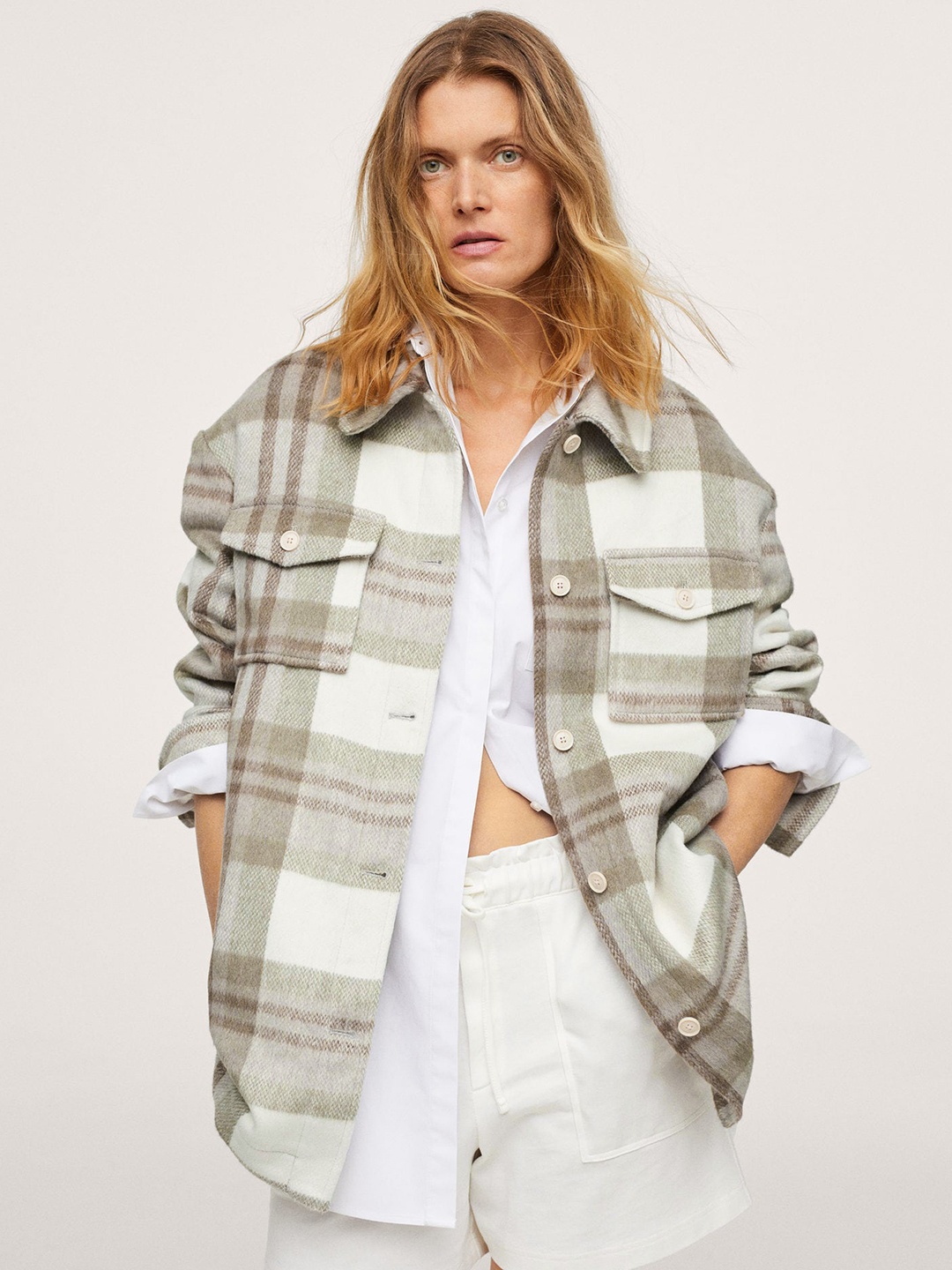 

MANGO Women Grey & White Checked Acrylic Longline Tailored Jacket