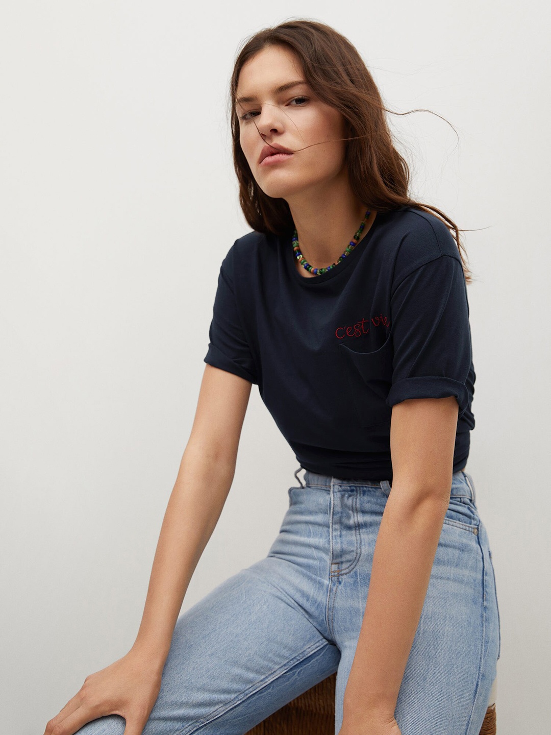 

MANGO Women Navy Blue Pure Cotton T-shirt
