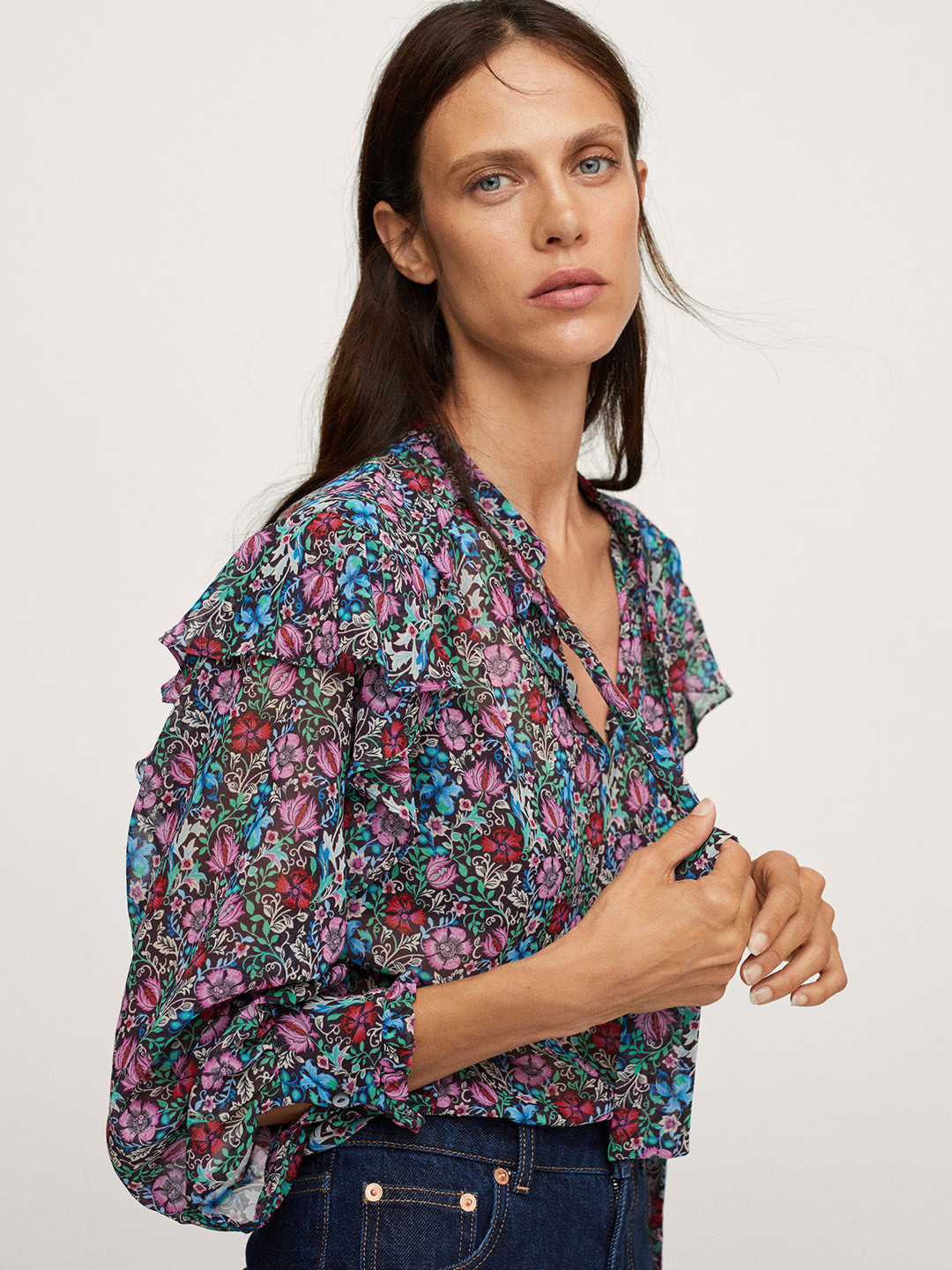 

MANGO Black & Pink Floral Print Tie-Up Neck Semi-Sheer Top
