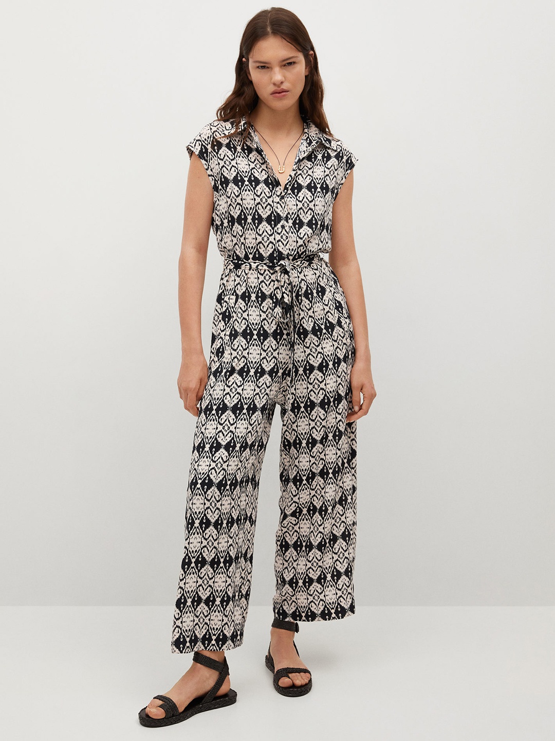 

MANGO Beige & Black Printed Basic Jumpsuit