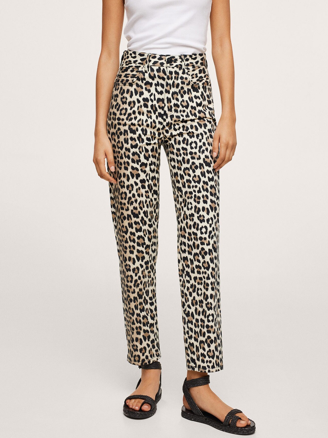 

MANGO Women Beige & Black Animal Printed Regular Trousers