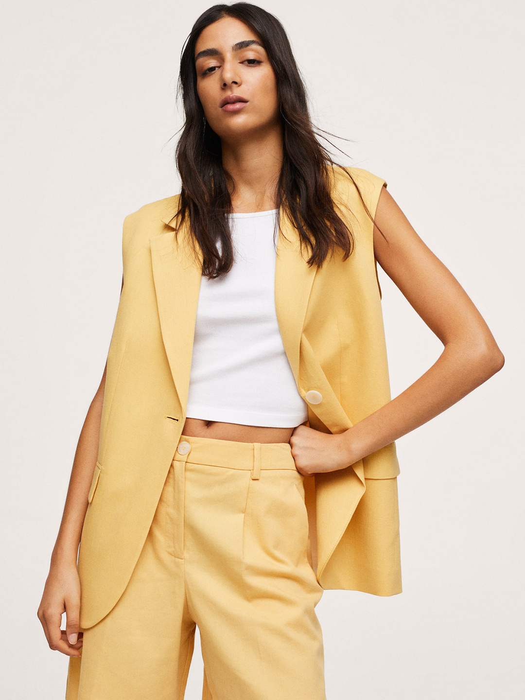 

MANGO Women Yellow Solid Oversized Blazers
